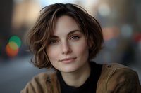Young woman with short wavy brown hair and natural makeup wearing black turtleneck and brown jacket smiling confidently at camera against blurred urban background.