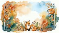 Watercolor autumn frame with cute fox family surrounded by fall foliage, pumpkins and botanical elements on white background for seasonal design projects.