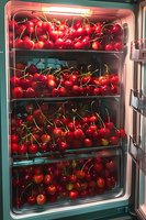 Fresh shelves in open refrigerator with cool lighting, showing abundance of seasonal fruit storage and preservation.