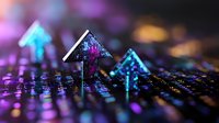Glowing neon arrows point upward against digital matrix background with purple and blue lights creating futuristic technology concept for business growth.