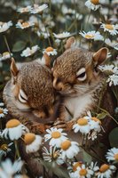 Adorable pair of chipmunks nestled among blooming daisies in a garden setting, perfect for nature magazines, wildlife blogs, and seasonal greeting cards.