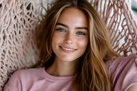 Young Caucasian woman with blue eyes and blonde hair wearing pink sweater smiles warmly while relaxing in macrame hammock. Natural beauty and genuine expression.