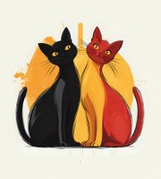 Black and red cats sitting together against yellow background, minimalist artistic style with clean lines and watercolor splash effect. Suitable for decorative prints.