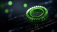 Glowing green gear mechanism on dark background with bokeh effects creates futuristic technological atmosphere suitable for innovation concepts and digital transformation themes.