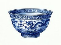 Blue and white porcelain bowl with dragon motifs and ornamental patterns, isolated on white background. Suitable for home decor, tableware, and design projects.