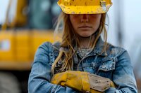 Female construction worker in protective yellow hard hat and denim jacket wearing work gloves at industrial site, representing women in trades and construction industry safety.