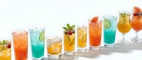Colorful summer cocktails and mocktails in various glasses with fresh fruits, mint garnishes and ice cubes arranged in row on white background for party menu.