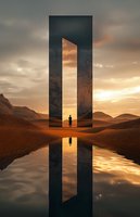Mysterious monolith stands in desert landscape at sunset, silhouetted figure reflected in water, dramatic sky and sand dunes create surreal atmosphere.