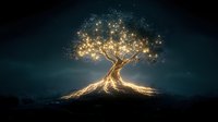 Glowing magical tree with luminous golden branches and sparkling lights against dark night sky, mystical nature scene with ethereal light effects and energy flows.