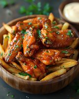 Spicy glazed chicken wings with french fries in wooden bowl, garnished with fresh herbs. Crispy fried potatoes and sauce-coated wings create appetizing meal.