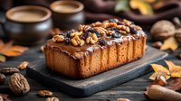 Homemade walnut pound cake topped with chocolate drizzle and crushed nuts on dark wooden board, surrounded by autumn leaves and whole walnuts, rustic setting.