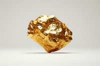 Raw gold nugget with rough textured surface and metallic luster floating against neutral background, showcasing natural mineral formation.