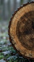 Tree trunk cross section showing annual growth rings and natural wood grain texture in forest setting for lumber and forestry concepts.