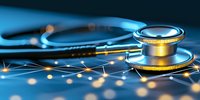 Medical stethoscope on digital surface with glowing network connections and light effects in blue tones, representing healthcare technology advancement.