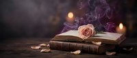 Vintage leather-bound books with rose flower and candles on dark moody background, perfect for literary, romantic, and educational design projects.