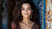 Young woman with curly dark hair and natural makeup smiling warmly at camera, wearing ornate earrings and patterned dress against decorative mosaic background.