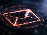 Glowing geometric envelope shape with digital particles and light trails on dark background, modern communication concept for business design.