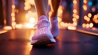 Athletic shoes in motion against blurred bokeh lights background, creating dreamy atmosphere with warm golden glow and soft purple tones in evening setting.