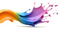 Colorful liquid paint splash with dynamic wave motion in rainbow colors from orange through blue to pink, isolated on white background for creative design projects.