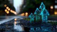 Glowing blue holographic houses on wet asphalt reflect city lights at dusk, creating magical urban scene with bokeh effect. For real estate concepts.