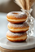 Stack of three fresh powdered sugar donuts on white ceramic plate with crystal vase in background, close-up food photography with soft natural lighting.