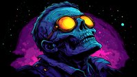 Neon colored skull with glowing yellow sunglasses against cosmic purple background, retro synthwave style artwork for music album covers and merchandise design.