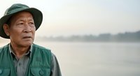Senior Asian male fisherman wearing green hat and jacket standing by calm water at dawn, contemplating river landscape for lifestyle and occupation themes.