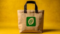 Eco-friendly beige canvas tote bag with green leaf logo on yellow background, sustainable shopping and environmental concept for retail branding.