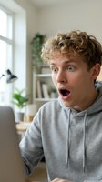 Young Caucasian male with curly blonde hair wearing gray hoodie expressing shock and surprise while looking at laptop screen in bright home office with plants and shelving.