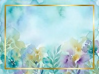 Watercolor floral frame with soft pastel flowers and golden border on light blue background, suitable for invitations, greeting cards, and design projects.