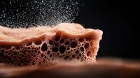 Macro shot of chocolate milk foam with bubbles and splashing droplets against dark background, showing rich texture and dynamic liquid movement in brown tones.
