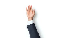 Raised hand in formal business attire showing palm against white background, isolated composition suitable for business communication and voting concepts.