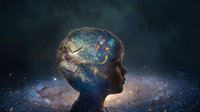Human head silhouette with cosmic brain containing gears and universe elements representing consciousness, creativity and mental processes in space.