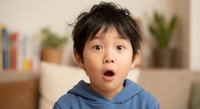 Young Asian boy with surprised expression wearing blue hoodie in modern home interior with books and plants in background for family lifestyle content.