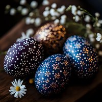 Hand-painted Easter eggs in deep blue and purple with delicate floral patterns, displayed with lily of the valley and daisy flowers on dark wooden surface.