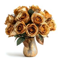 Dried golden roses bouquet in rustic vase with autumn leaves for vintage home decor and romantic arrangements on isolated white background.