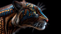 Majestic leopard with glowing tribal patterns in blue and gold paint on dark fur, side profile view against black background, mystical wildlife art concept.