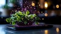 Fresh green salad leaves floating above smartphone screen with magical purple glowing particles and bokeh lights in dark atmospheric setting.