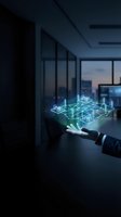 Businessman hand holding glowing digital network hologram in modern office space representing connectivity and technology innovation for business solutions.
