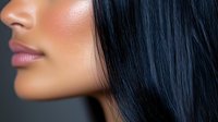 Close up profile view showing glossy pink lips, glowing bronzed skin, and sleek black hair against dark background, highlighting modern beauty and cosmetic trends.