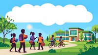 Young diverse children walking and cycling near suburban home on sunny day, suitable for educational materials, family lifestyle content, and community engagement designs.