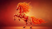 Fiery red horse with ornate golden patterns and flowing flame mane rearing on hind legs against warm gradient background for fantasy art and decorative designs.
