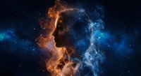 Cosmic fire and ice elements forming human silhouette against starry space background with nebula clouds and celestial energy patterns for fantasy designs.