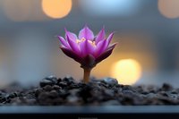 Vibrant purple lotus flower emerging from dark soil against blurred bokeh background with warm golden lights, creating serene and spiritual atmosphere.