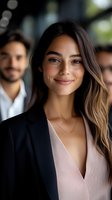 Confident young businesswoman smiling in modern office with colleagues in background, professional corporate environment for business success concepts.