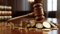 Wooden judge gavel with golden coins on courtroom desk representing legal fees, financial litigation, bankruptcy proceedings, and judicial monetary decisions.