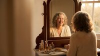 Mature woman with gray curly hair smiling at her reflection in vintage wooden vanity mirror during morning skincare routine in warm sunlit bedroom.