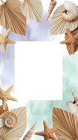 Tropical beach frame with seashells, starfish, palm leaves and nautilus shells on watercolor background for summer vacation designs.
