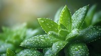 Fresh green succulent leaves covered in morning dew drops against blurred natural background, macro photography showing plant details and water droplets.