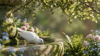 White dove drinking water from stone fountain surrounded by lush garden flowers and foliage in peaceful natural setting with soft sunlight filtering through leaves.